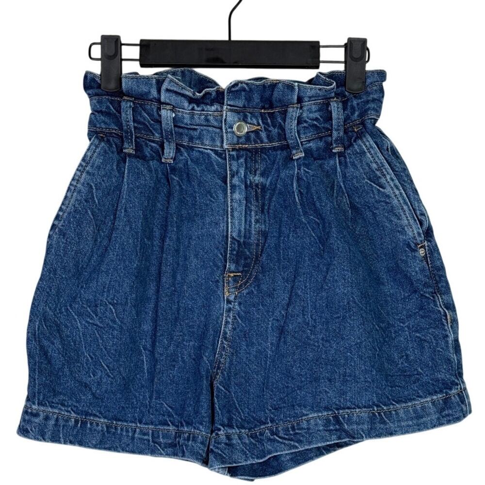 Zara High Waisted Paperbag Pleated Loose Fit Belt Loops Jean Shorts 2  Dark Blue